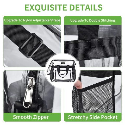 Go To Clear Stadium Bag For Work And Gym With Non Detachable Reinforced Straps 12 By 5.5 By 12 Inches Transparent Tote Lunch Bag For Sporting Events And Travel Black with double stitching, adjustable straps, smooth zipper, and side pocket details.