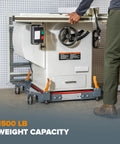 Heavy duty mobile base for power tools with table saw, 1500 lb capacity, featuring sturdy swivel casters for easy workshop movement.
