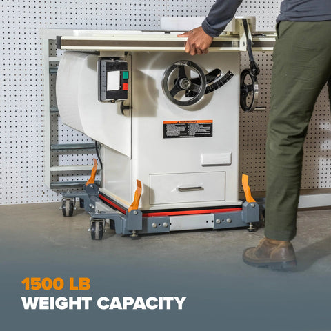 Heavy duty mobile base for power tools with table saw, 1500 lb capacity, featuring sturdy swivel casters for easy workshop movement.