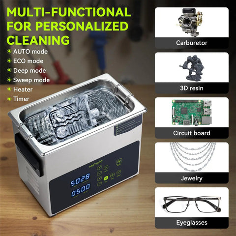 No Fuss One Touch Ultrasonic Cleaner With Heating Feature And Deep Clean Cycle A 3L Tank Eco Savvy Wash Unit on a wooden surface.