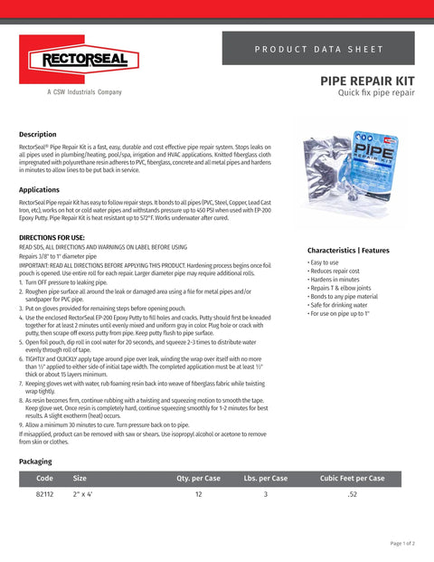 Quick pipe repair kit by RectorSeal for leak sealing on PVC and metal pipes with fiberglass and polyurethane resin.