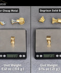 Comparison of cheap metal handle and Qogrisun solid brass handle on scales showing weight difference