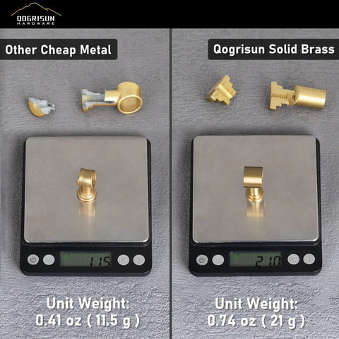Comparison of cheap metal handle and Qogrisun solid brass handle on scales showing weight difference