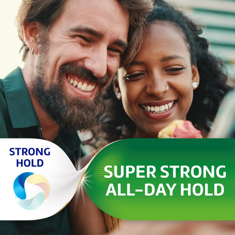 Happy couple smiling with Strong All Day Hold Denture Adhesive Cream With Food Seal For Comfort Flavor Free And Zinc Free