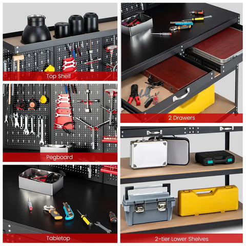 Heavy Duty 48 Inch Work Bench With Pegboard Storage 4 Tier Metal Tool Storage Bench 2 Drawers Hanging Accessories Topping Space