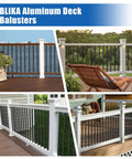 60 Pack 32 Inch Square Aluminum Deck Balusters Built Like A Tank Black Metal Spindles With Anti Uv Connectors Included Rustproof Railing Hardware For Wood Or Composite Porch And Backyard Decks in a spacious outdoor setting.