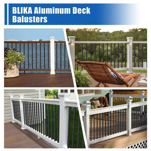 60 Pack 32 Inch Square Aluminum Deck Balusters Built Like A Tank Black Metal Spindles With Anti Uv Connectors Included Rustproof Railing Hardware For Wood Or Composite Porch And Backyard Decks in a spacious outdoor setting.