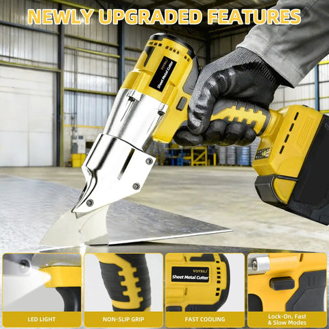 Heavy Duty Cordless Metal Shears Compatible With 21V Max Batteries cutting sheet metal with ergonomic grip and LED light.
