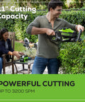 Man trimming hedge with 60V 26-Inch Brushless Cordless Hedge Trimmer With Dual-Action Laser-Cut Blades, woman in background.
