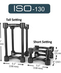 Iso-130 Speaker Isolation Stands With Height And Tilt Adjustment, Pair For Studio Monitors And Home Studio Rigs, tall and short settings displayed.