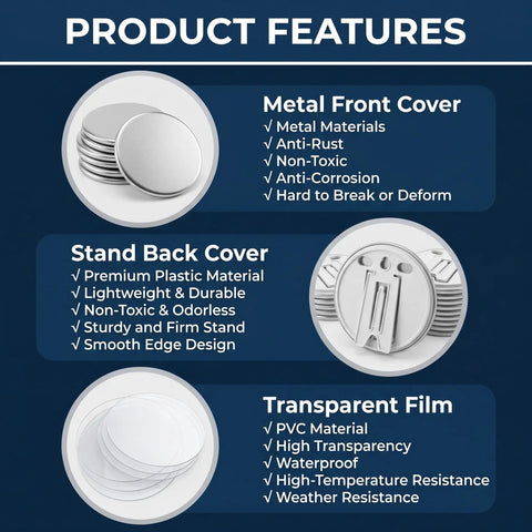 58mm Button Maker Supplies Tinplate Photo Frame Blanks For Badge Press Machine DIY Round Picture Frame Refills, metal cover and stand
