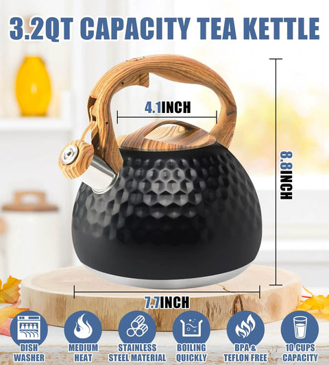 Stovetop Tea Kettle 3.2 Quart Stainless Steel Whistling Teapot With Wood Pattern Handle, Black Finish, on kitchen counter
