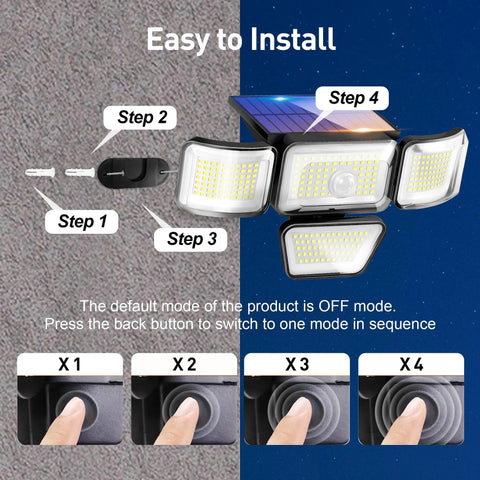Installation steps for Beefy 4 Head Solar Security Flood Lights With Motion Sensor, 278 LED 3000LM, IP65 Waterproof Outdoor Lighting