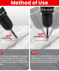 REKCKRUL 5-pack diamond drill bits with hex shank; 1/4–1/2 in; shown drilling ceramic tile at 45° and 90° (Step 1–2).