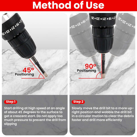 REKCKRUL 10-pack diamond drill bits set with 1/4 hex shank for ceramic, tile, glass; shows 45° and 90° positions