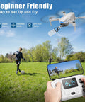 Hands holding controller flying 4K Camera Drone With GPS Auto Return, Waypoint Flight, Orbit Mode, ideal for beginners.