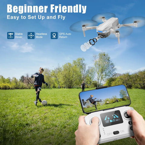 Hands holding controller flying 4K Camera Drone With GPS Auto Return, Waypoint Flight, Orbit Mode, ideal for beginners.