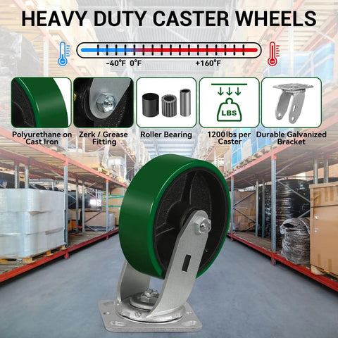Heavy Duty Caster Wheel Set Of 4 6 Inch By 2 Inch Polyurethane Industrial Casters with brakes, in warehouse setting