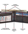 Open Real Leather Men's Bifold Wallet RFID Blocking Slim Minimalist with ID Window showing card and currency slots.