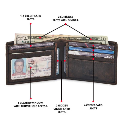 Open Real Leather Men's Bifold Wallet RFID Blocking Slim Minimalist with ID Window showing card and currency slots.