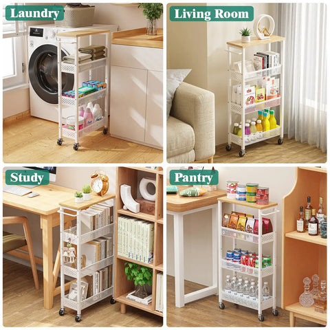 Slim Rolling Storage Cart, 4 Tier Mobile Organizer With Wood Top And Handle in various room settings for space saving.