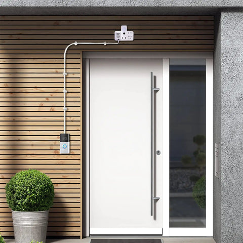 24V Doorbell Transformer With 16.4 Ft C Wire Power Supply mounted by door, connecting to smart doorbell, enhancing door security.
