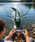 Person controlling green Camera Pro Dope RC Boat For Adults With App Control on a lake using wireless remote, clear day view.