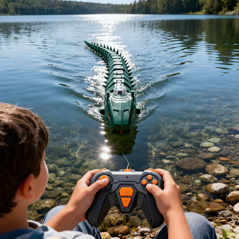 Person controlling green Camera Pro Dope RC Boat For Adults With App Control on a lake using wireless remote, clear day view.