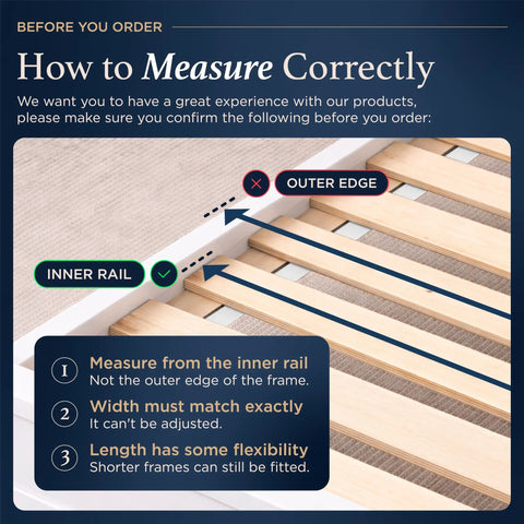 How to measure correctly for Heavy Duty Full Bed Slats Provide Rock Solid Mattress Support with inner rail guidance.