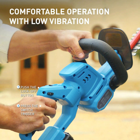 Hands operating Cordless Hedge Trimmer With 22 Inch Dual Action Blades 20V 4Ah Battery Included Fast Charger And Safety Goggles