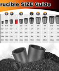 Crucible SIZE Guide showcasing various Heavy Duty Graphite Crucible With Smooth Pouring Spout For Melting Aluminum sizes and dimensions.