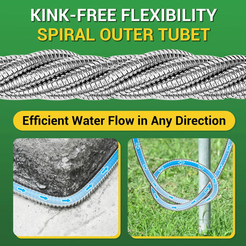 Close-up of Stainless Steel Garden Hose 3 Ft Heavy Duty Metal Water Hose with kink-free flexibility and efficient water flow arrows