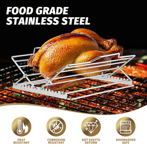 Roasted chicken on adjustable chicken roasting rack with nonstick coating, stainless steel folding V shape stand, for grill use