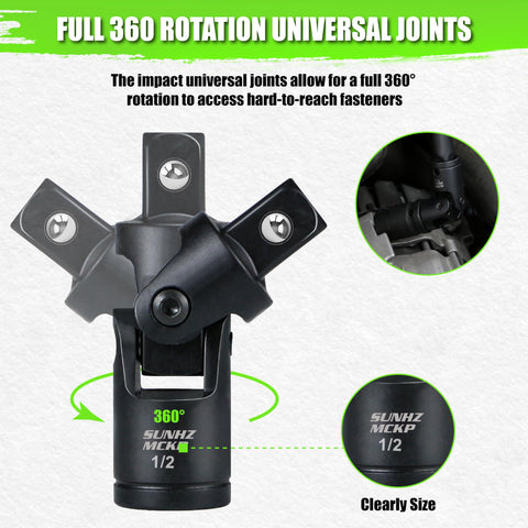Close-up of universal joints from Heavy Duty 18-Piece Impact Socket Extension Set For 1/4, 3/8 And 1/2 Inch Drive, 360-degree rotation