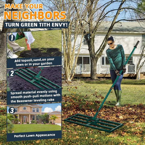 Heavy Duty Stainless Steel Lawn Leveling Rake With 78 Inch Adjustable Handle, 30x10 Inch Ground Leveler in use on lawn
