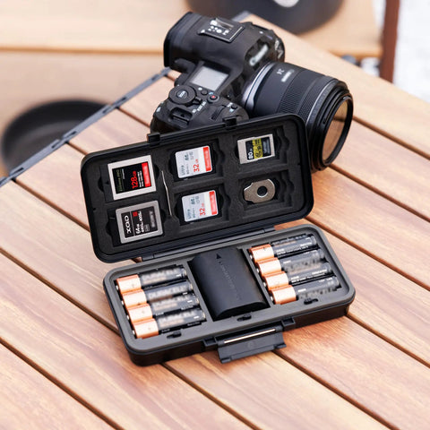All In One Camera Battery And Memory Card Storage Case For Pro Gear With Six SD Card Slots, batteries on wooden table
