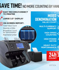 DeTect Dt600 Professional Bank Grade Money Counter Machine For Mixed Denomination Bills with printer and display.