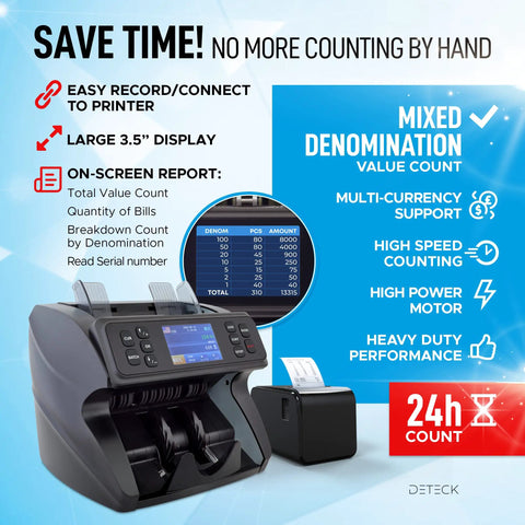 DeTect Dt600 Professional Bank Grade Money Counter Machine For Mixed Denomination Bills with printer and display.