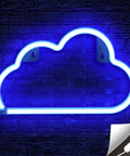 Blue cloud-shaped neon sign on brick wall, USB powered with on/off switch, suitable for room decor and wall art, LED sign