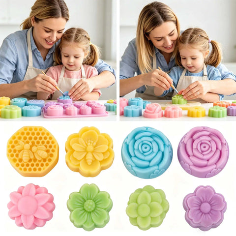Mother and child using All In One Soap Making Kit For Grown Ups With 2.2 Lb Goat Milk Soap Base, Silicone Loaf Molds.