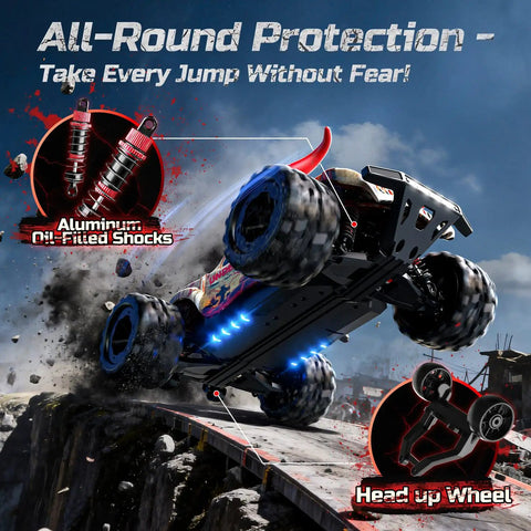 Zombie Themed All Terrain RC Monster Truck 40KPH 4WD Electric Off Road Car showing aluminum shocks and wheel detail