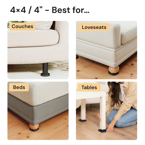 Heavy Duty No Slip Furniture Feet Pads For Wood Floors And Carpet, 4x4 Inch Round Caster Cups in use on sofa couches and bed