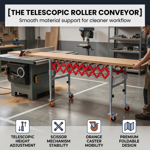 Heavy Duty Adjustable Roller Stand With Expandable Conveyor Rollers For Woodworking Hella Sturdy At 600 Pounds Telescoping Outfeed Table Moves Lumber Like A Dream Across Your Workshop Bench