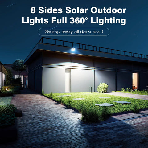 Heavy Duty Outdoor Solar Lights With 168 Kickin Bright LEDs And Slick Octagonal Build For Zero Dark Corners 6500K Daylight Flood Beam illuminating a yard at night.