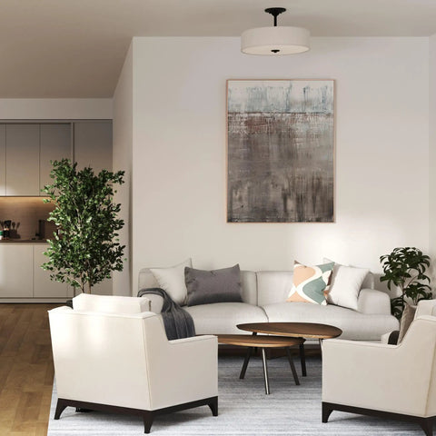 Elegant living room with Graphite Three Light Semi Flush Ceiling Mount Fixture From Inspire Collection, modern decor and seating.