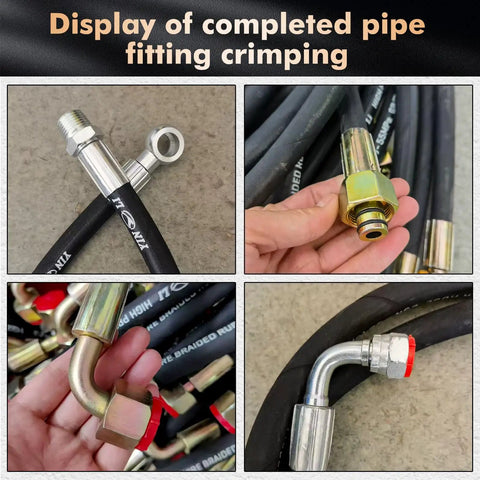 Display of completed crimped hoses using Electric Hydraulic Hose Crimper Tool Featuring Eight Precision Dies for Auto repair.