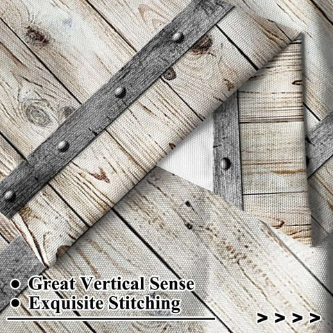 Textured close-up of rustic barn door style kitchen curtains 2 panels 26 by 36 inch linen fabric with vertical stitching details.