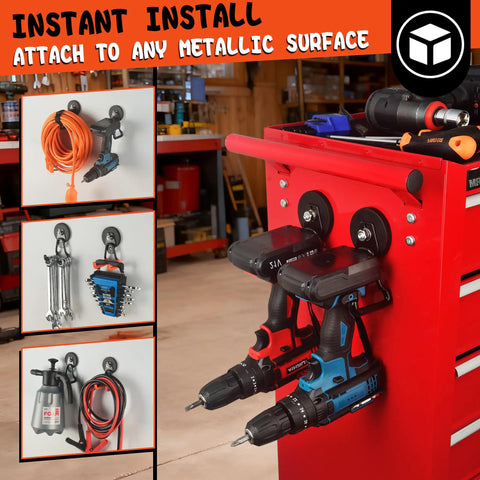 Upgraded Large Magnetic Hooks With 20lb Capacity Heavy Duty Magnetic Hangers For Garage Pegboard Tools And Power Drill Accessories Broom Garden Tools Hardware Storage 4 Pack Black installed on red toolbox holding power drills and cords.