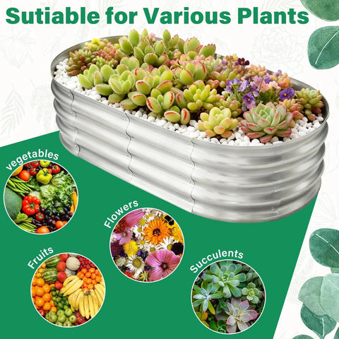 Galvanized Raised Garden Bed Kit 4By2By1Ft Oval Planter Boxes For Outdoor Garden filled with succulents and decorative stones