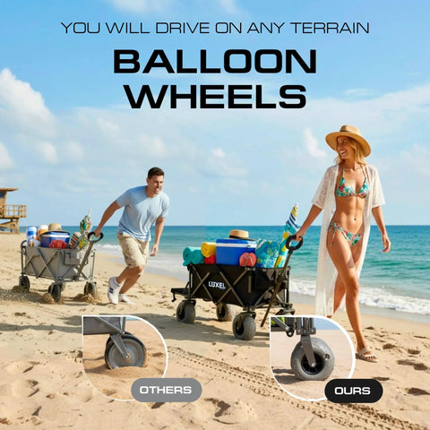 Heavy Duty Beach Wagon With Big Wheels For Sand Go-To Collapsible Utility Cart on a beach with 9 inch terrain tires